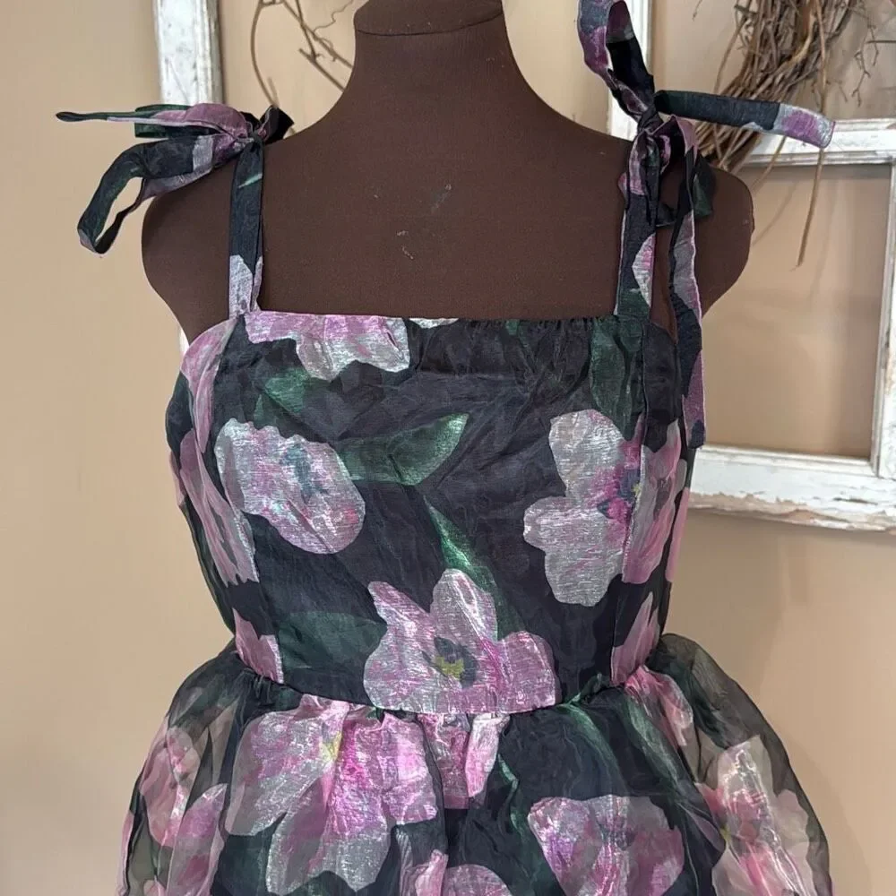 Lulus tiered black floral midi dress size large tie straps whimsigoth fairy dark - Picture 2 of 12